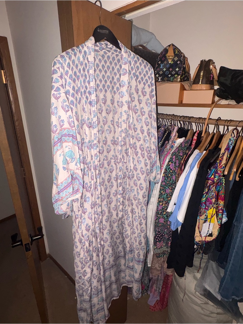 Spell Long Floral Kimono Robe in White and Light Blue
